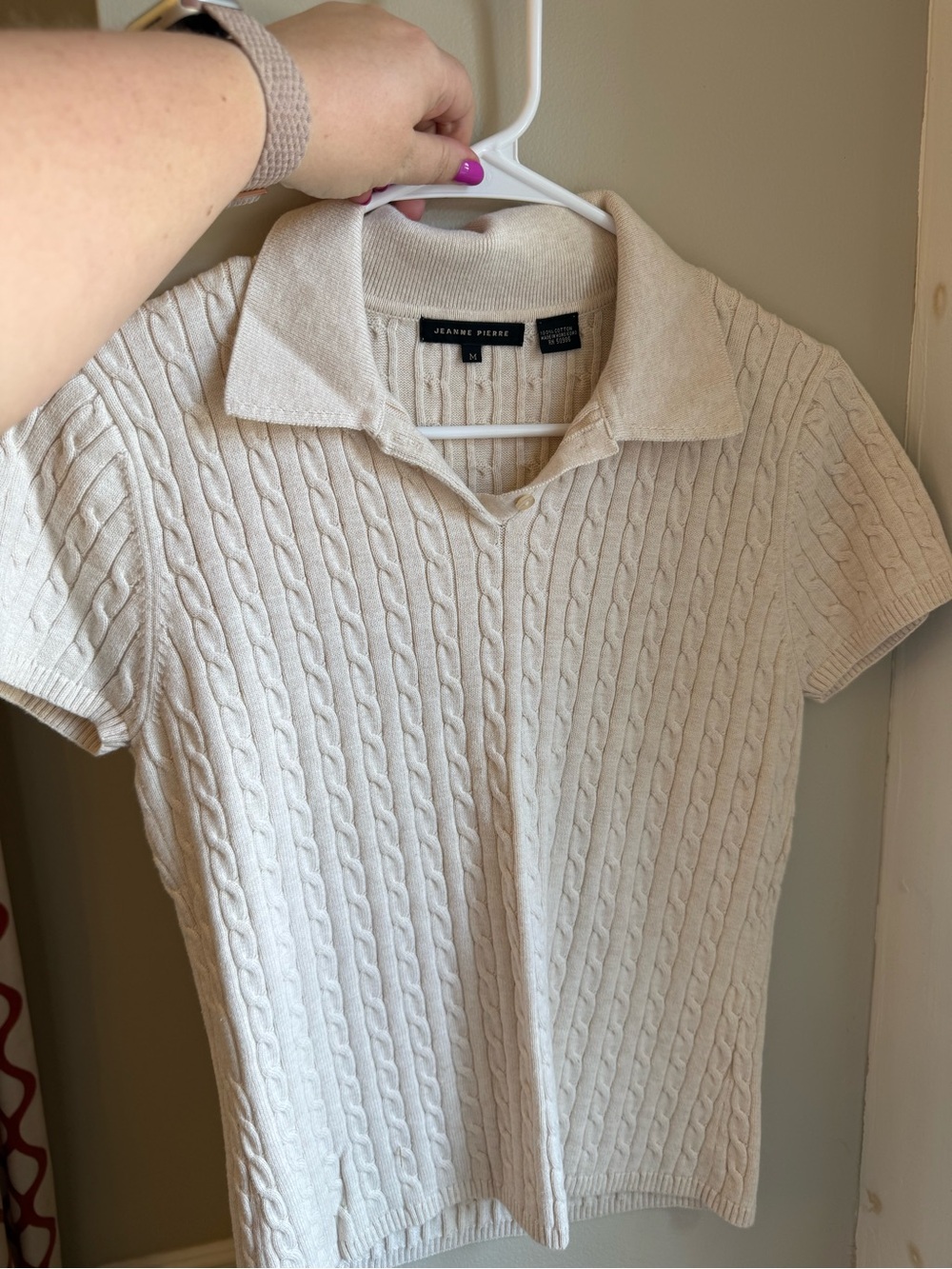 JEANNE PIERRE Cream Cable-Knit Polo V-Neck Sweater